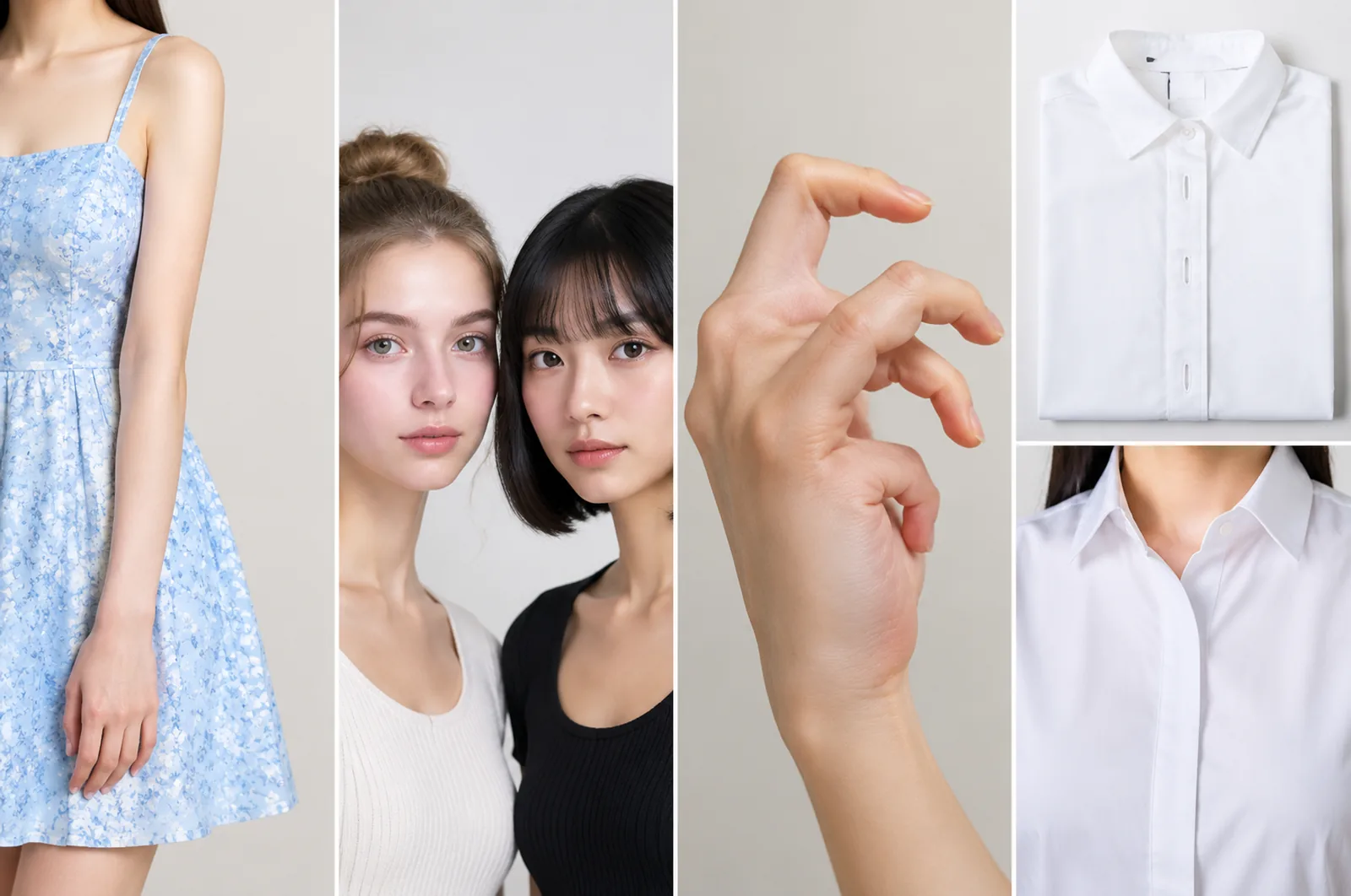四格并列的常见驳回：第一格女性穿蓝色印花连衣裙、手臂垂在身侧挡住腰侧线条；第二格两张人像并排、脸型与发色明显不同；第三格手部特写、手指弯曲角度不自然；第四格上方白衬衫平铺图扣位清晰、下方同款上身后扣位消失