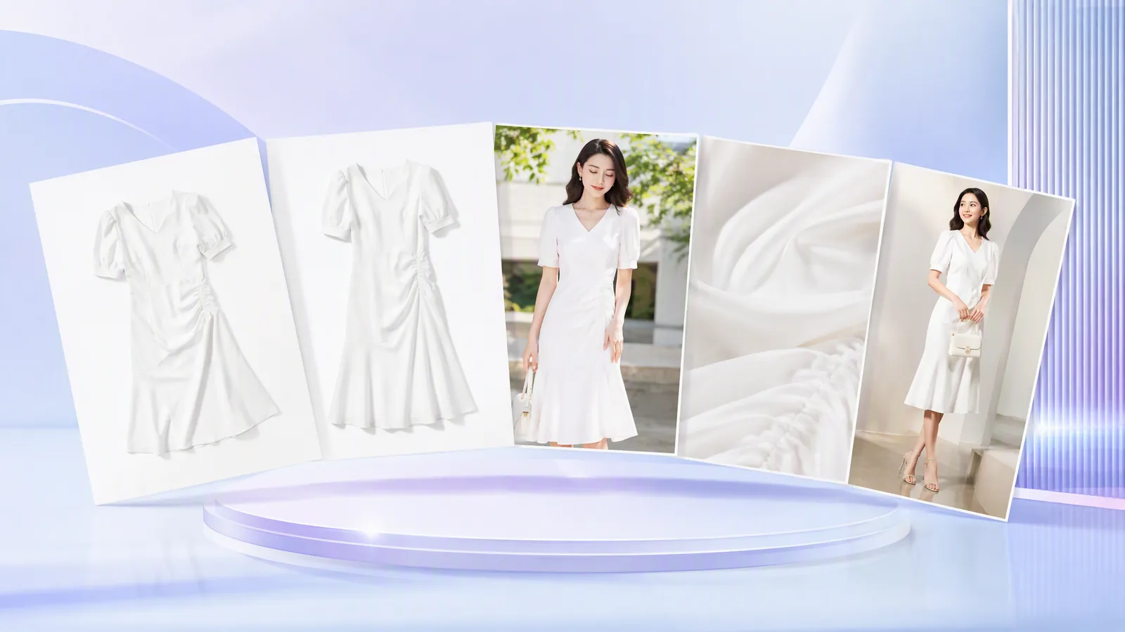 SHEIN 主图制作流程示意:从一张商品平铺素材出发,依次生成白底图、场景图、细节图和卖点图