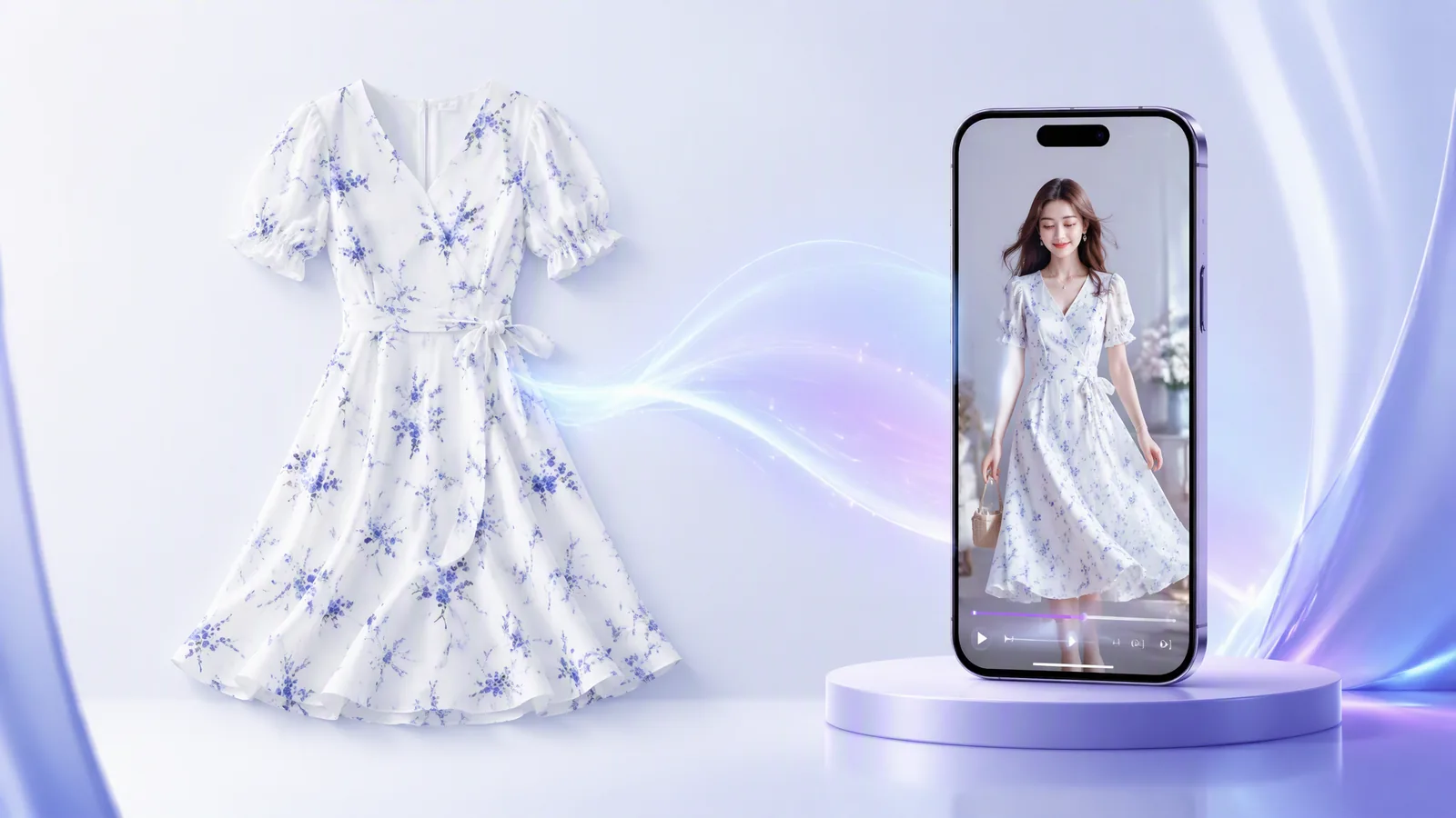 SHEIN 主图视频成本对比示意:左侧是传统拍摄的摄影棚布景,右侧是由一张商品图直接生成的竖版视频