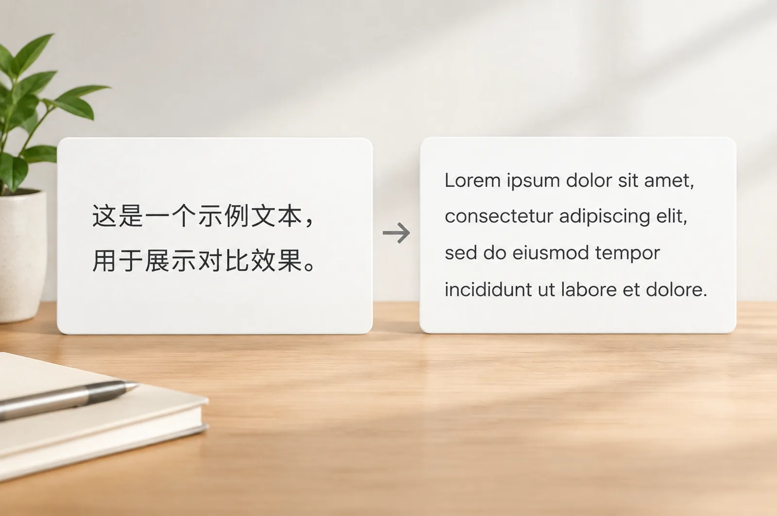 同一段字幕占位对比：左侧两行的中文区块，右侧同宽度下变成四行的拉丁文字区块