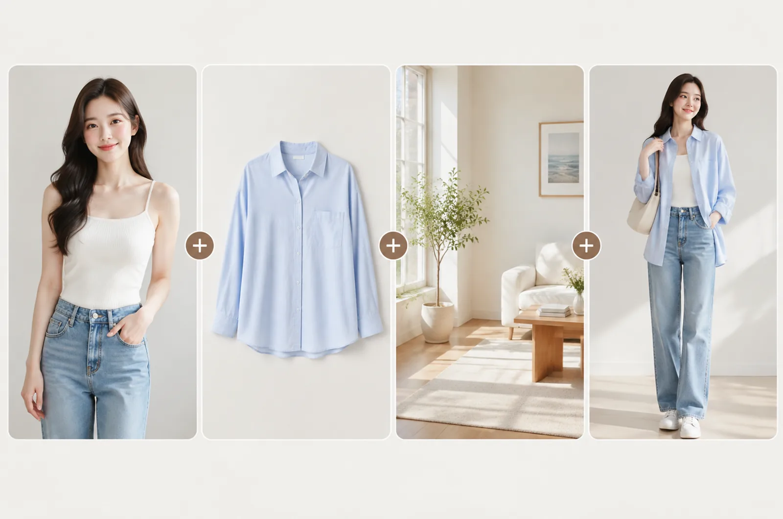 服装试穿四个槽位的填空示意:模特、服装图、场景、姿势各占一格